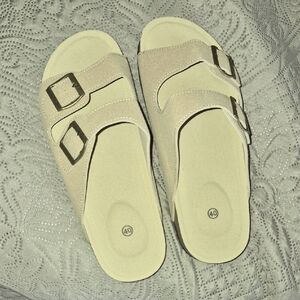 Women's Double-Buckle Slide Sandals in Beige